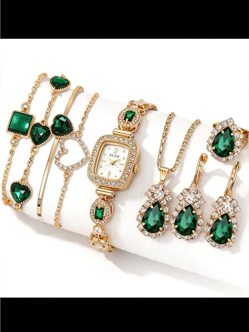 Gold-Tone Watch and Jewelry Set with Emerald Green Crystals - Picture 3 of 6
